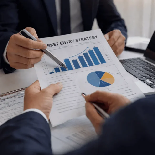Two people in business attire discussing a sheet headed Market Entry Strategy with bar and pie charts