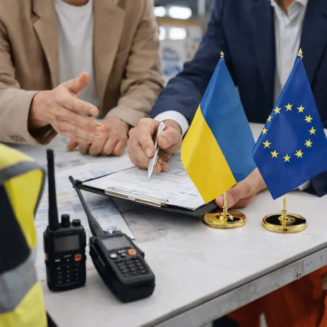 Meeting at a table with Ukrainian and EU desk flags, site plans and two handheld radios