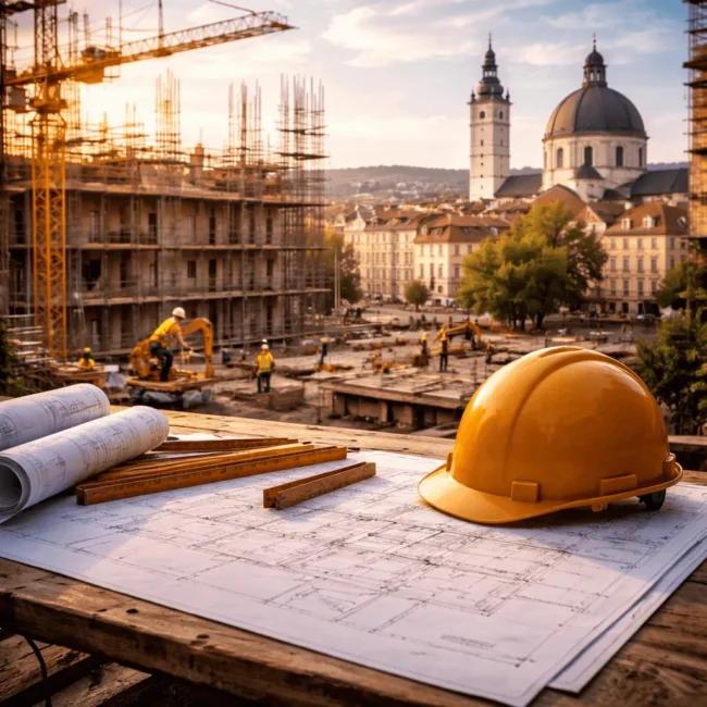 Construction site with cranes in a historic city; a hard hat rests on building plans in the foreground