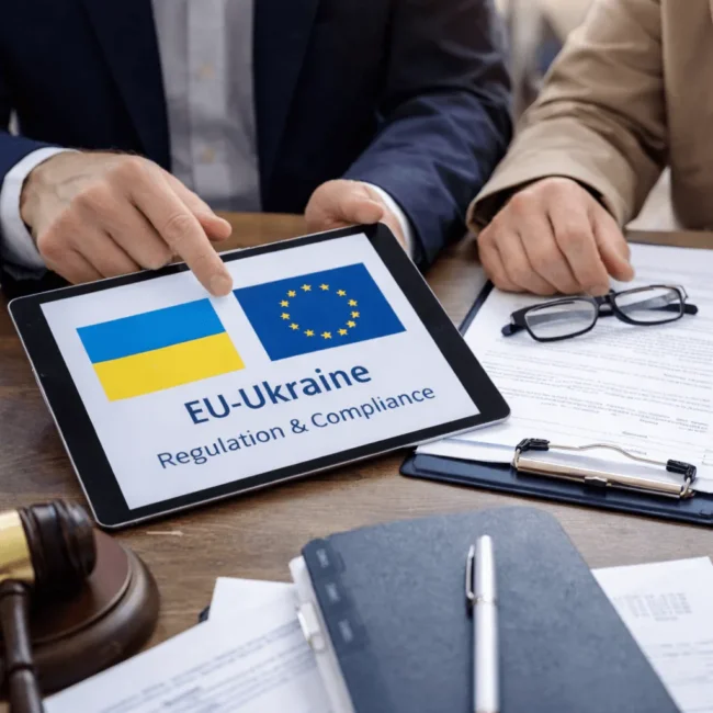 Tablet showing the EU and Ukrainian flags with the heading EU-Ukraine Regulation & Compliance, next to documents and a gavel